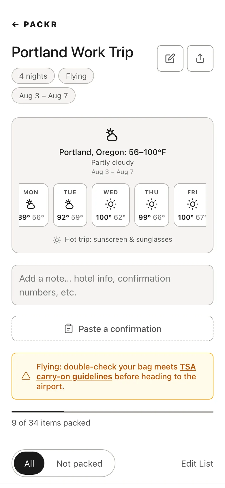 A Packr trip showing the five-day forecast for Portland and a packing checklist