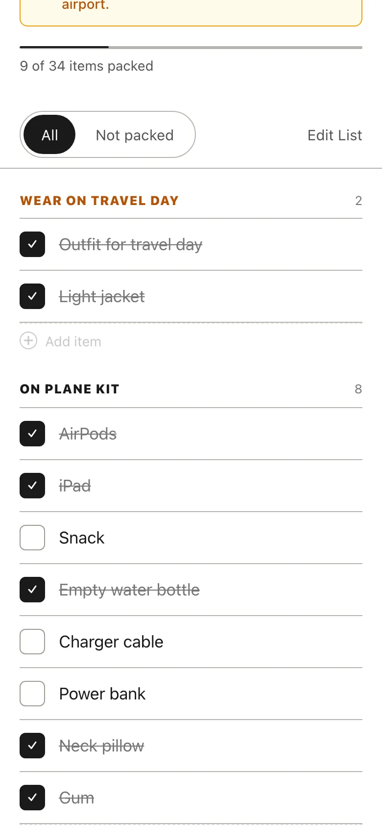 A Packr trip list with the on-plane kit part packed